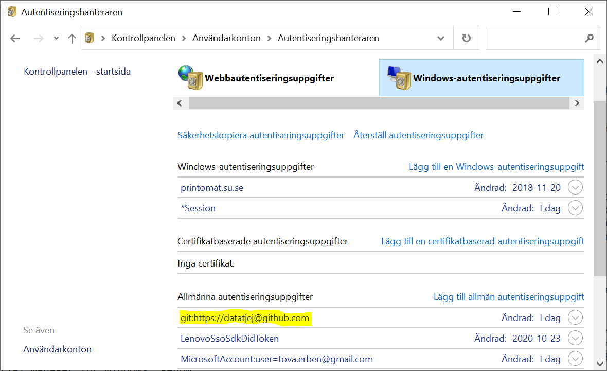 Windows egna autentiseringshanterare i Kontrollpanelen