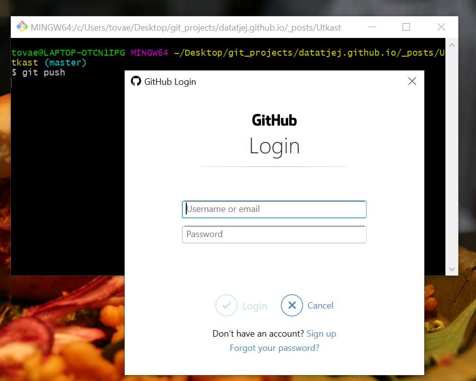 GitHub inloggningsfönster via Git Credential Manager for Windows