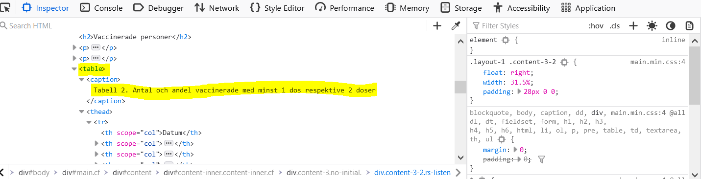 HTML-koden för tabellen som visas i Inspector-fönstret